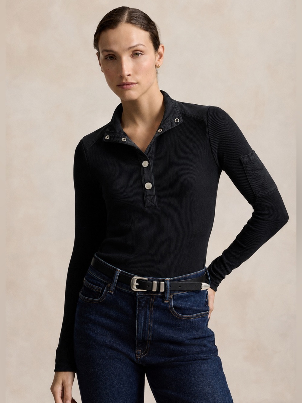 Lauren Ralph Lauren Henley Ribbed Cotton Quarter Snap Pullover Black M